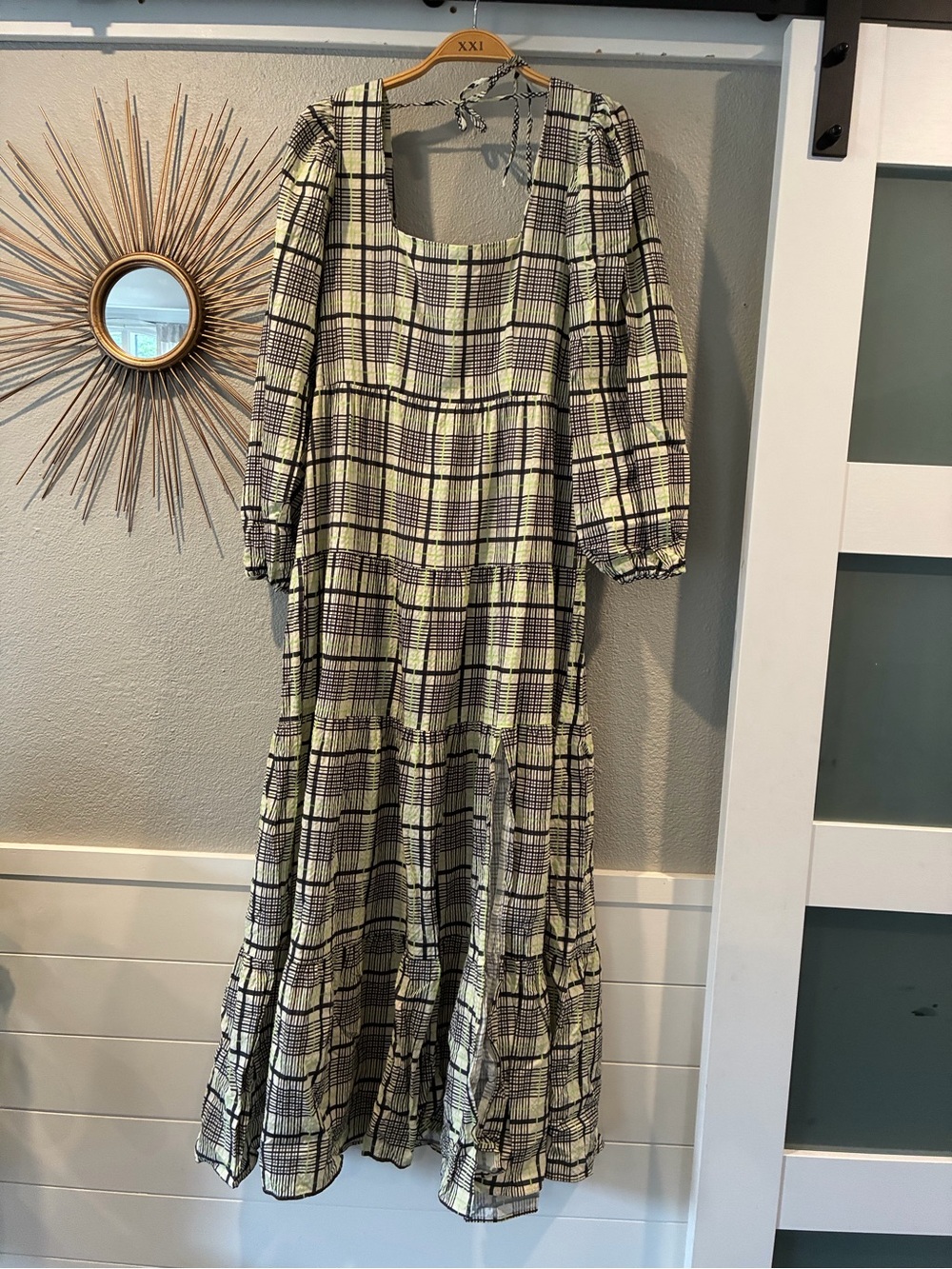 Topshop Yellow and Black Plaid Square-Neck Maxi Dress